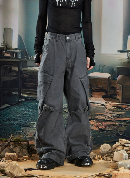 Large Pocket Washed Fringe Straight Cargo Denim Jeans WN20585