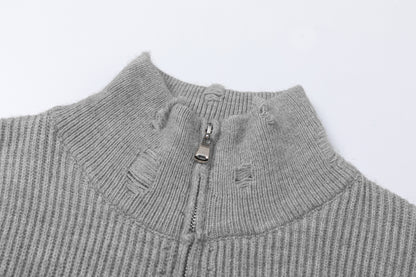 Damage Cross Pattern Zipper Knit Cardigan WN11188