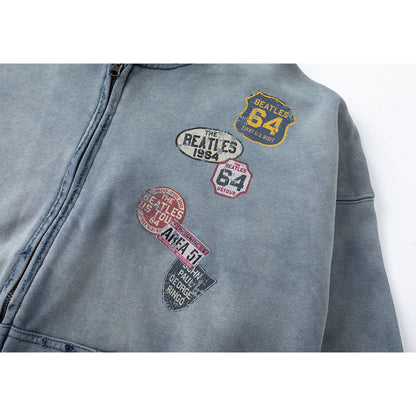Washed Damage Print Boxy Zipper Hoodie WN25868