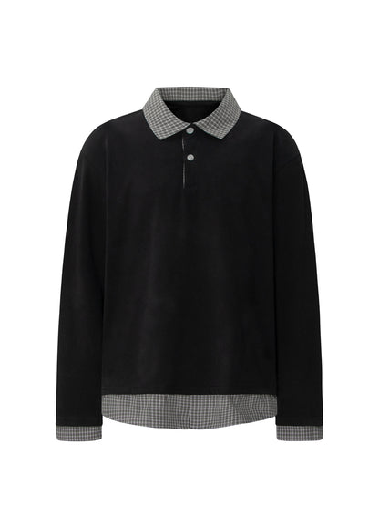 Plaid Collar Fake Layered Boxy Oversize Long Sleeve T-Shirt WN26297