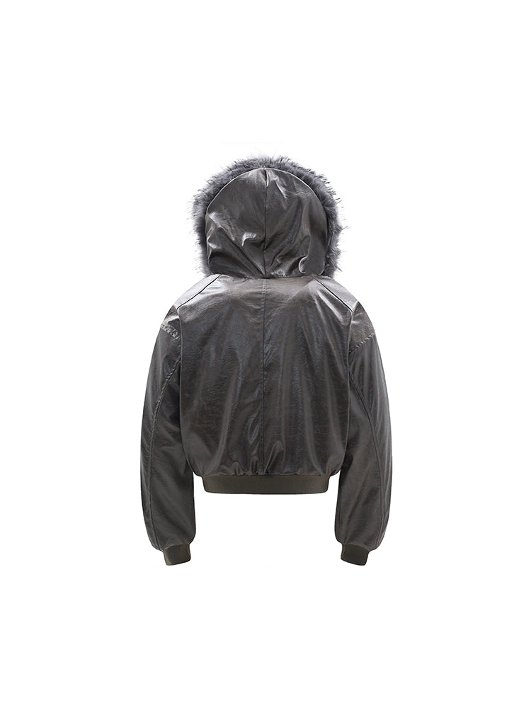 Hooded Matte PU Leather Fake Fur-Collar Jacket WN22220