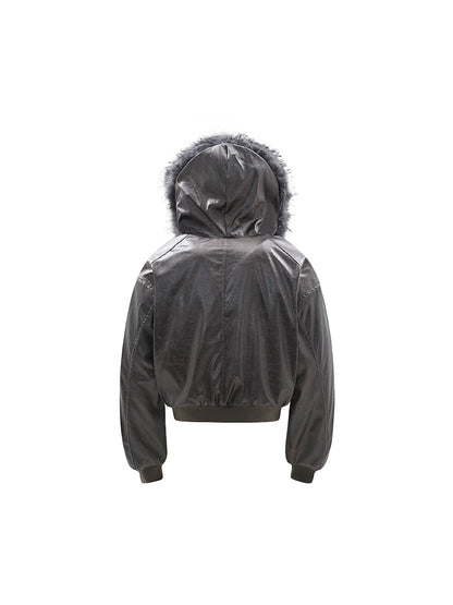 Hooded Matte PU Leather Fake Fur-Collar Jacket WN22220