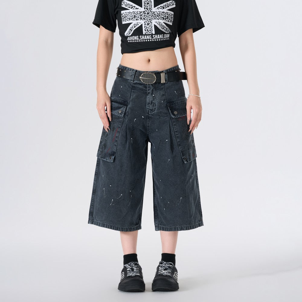 Denim Paint Splatter Multi-Pocket Wide Leg Half Pants WN27938