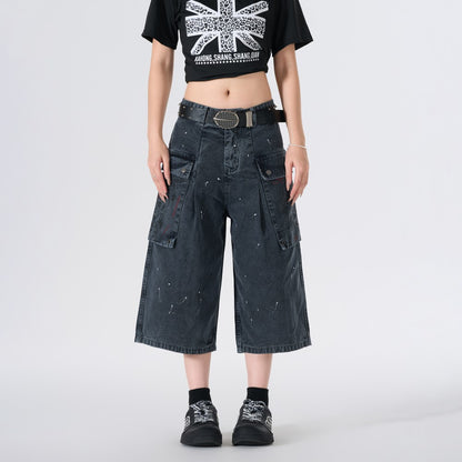 Denim Paint Splatter Multi-Pocket Wide Leg Half Pants WN27938