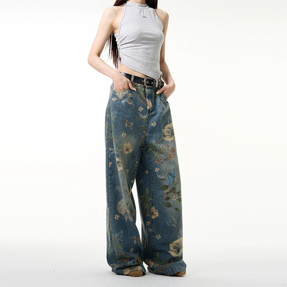 Floral Print Wide-Leg Straight Denim Jeans WN7630