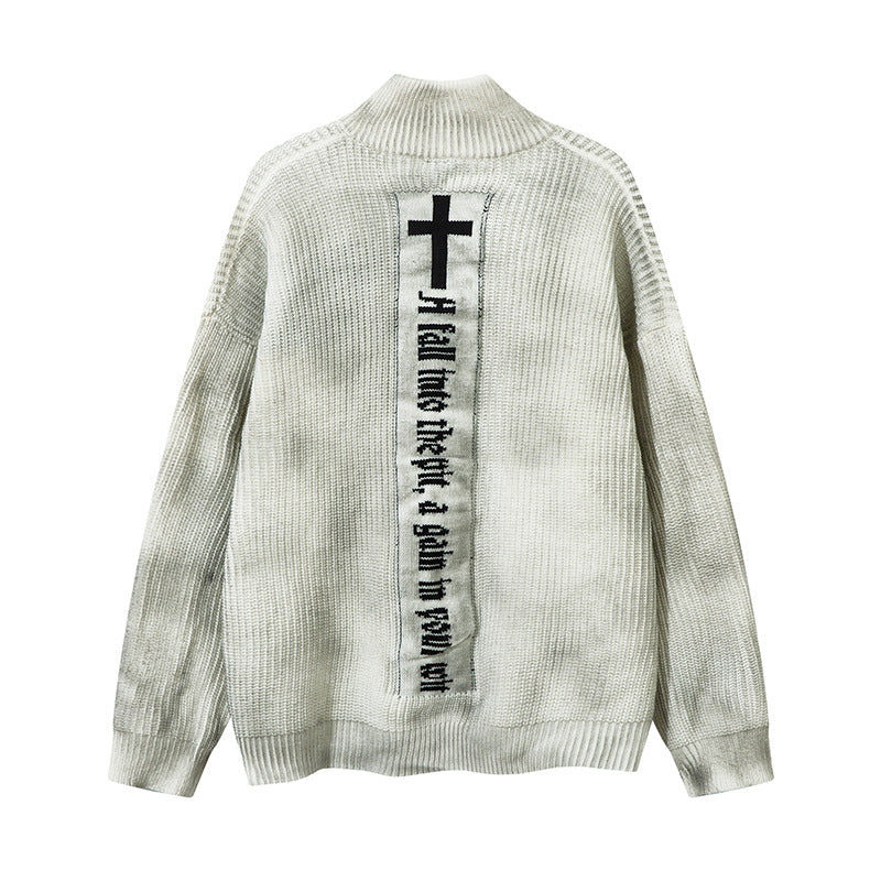 Spray-Paint Tie-Dye Cross Stand Neck Zipper Knit Cardigan WN11238