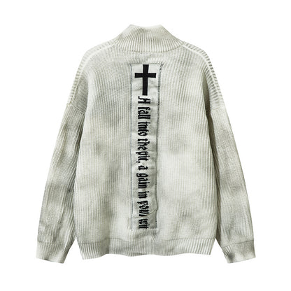 Spray-Paint Tie-Dye Cross Stand Neck Zipper Knit Cardigan WN11238