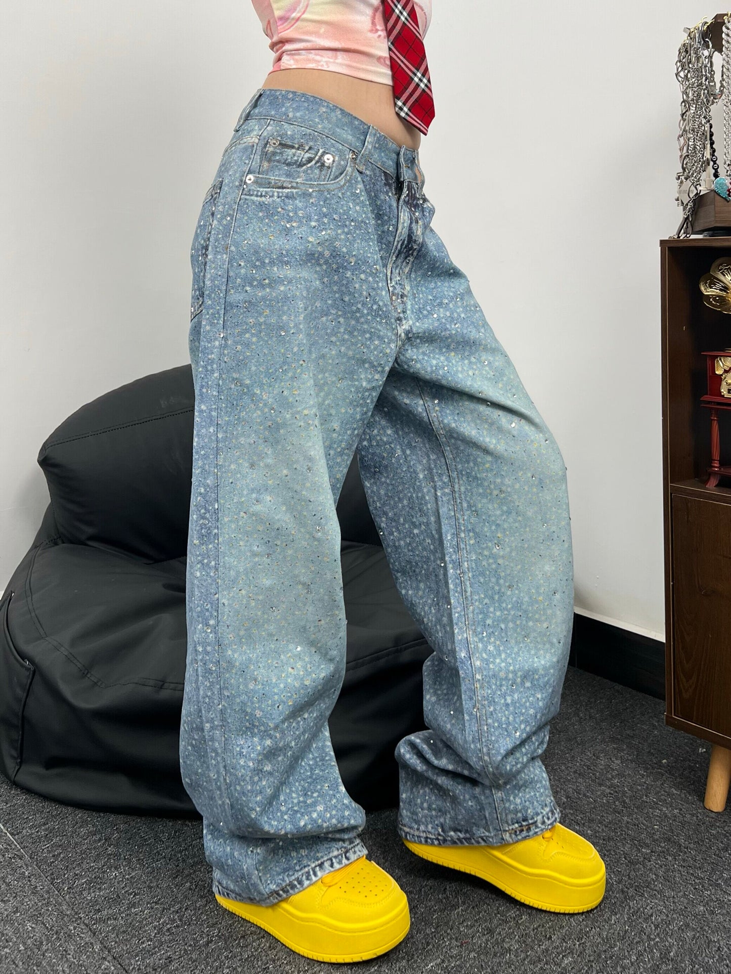 Speckled Paint Washed Wide Leg Denim Jeans WN24047