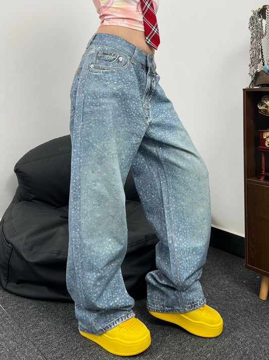 Speckled Paint Washed Wide Leg Denim Jeans WN24047