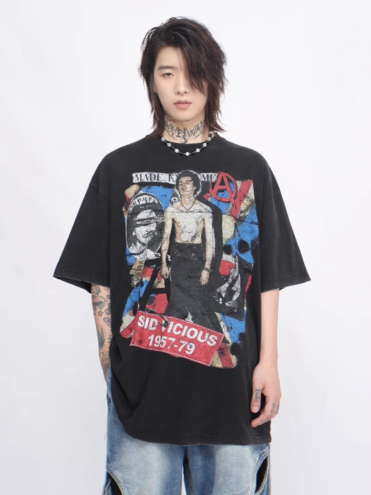 Graffiti Print Oversize Washed Short Sleeve T-shirt WN6557