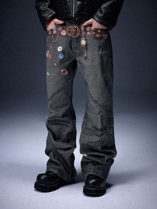 Badge Print Chain Wide Leg Denim Jeans WN23202