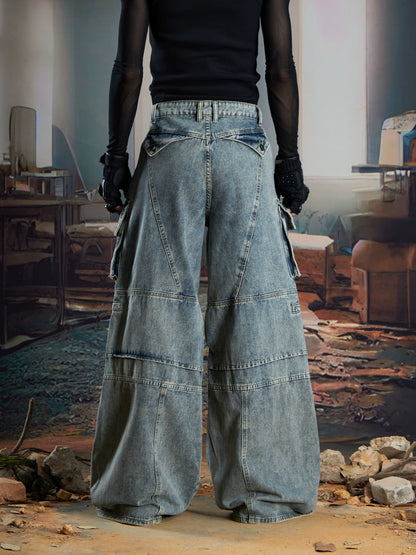 Deconstruction Multi-Pocket Washed Wide Leg Cargo Denim Jeans WN21340