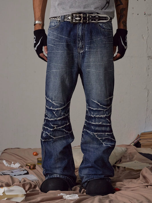 Lightning Wave Pattern Washed Straight Flare Denim Jeans WN17034