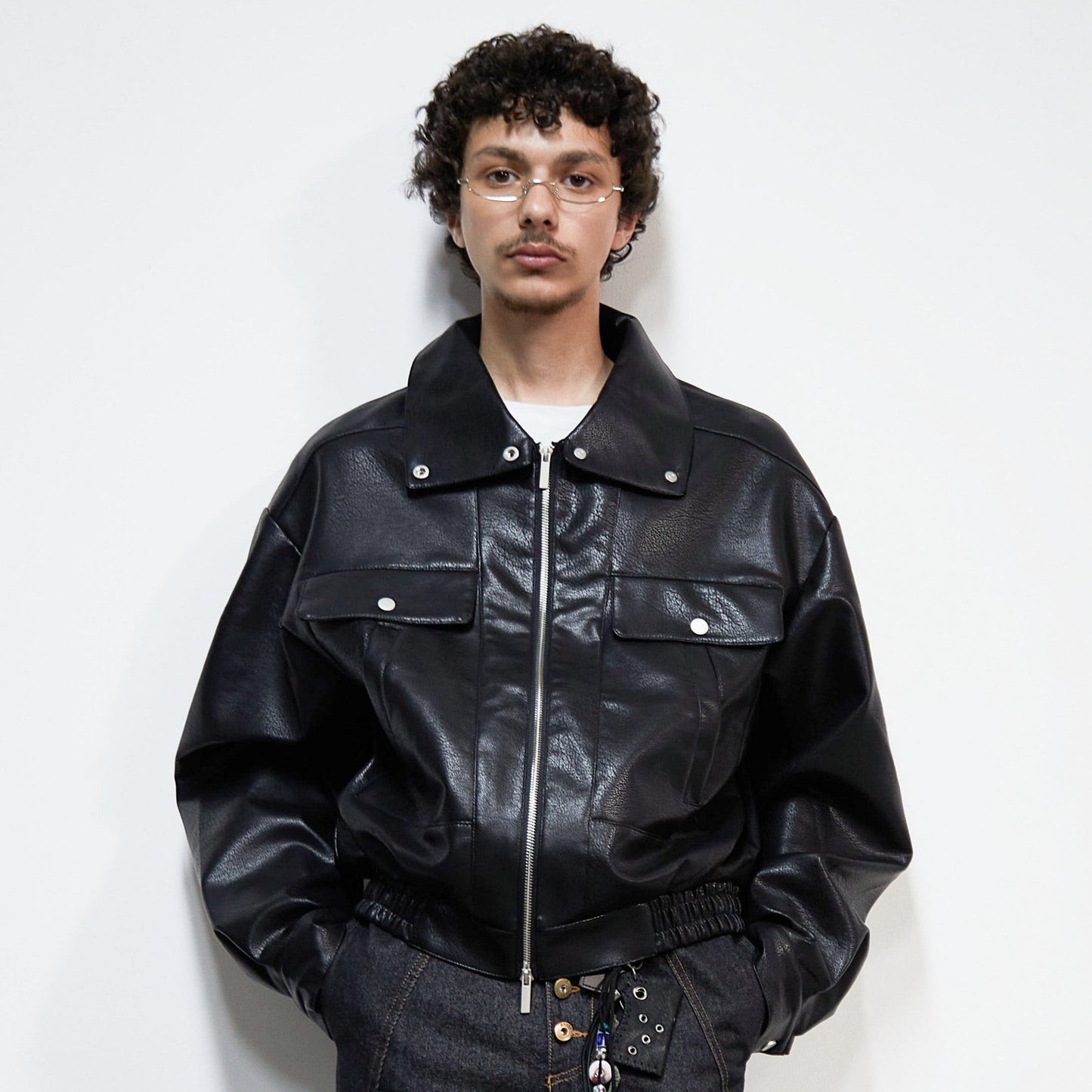 Vintage Imitation Cowhide PU Leather Stand Neck Short Jacket WN22924