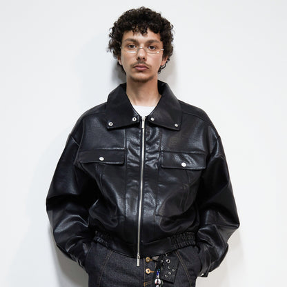 Vintage Imitation Cowhide PU Leather Stand Neck Short Jacket WN22924