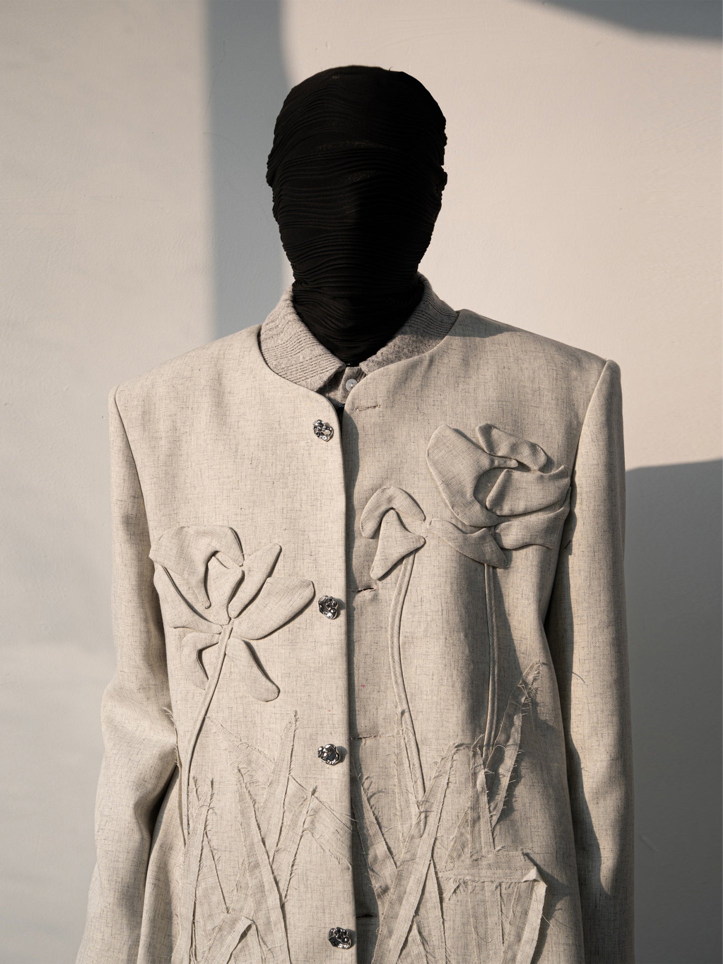 3D Floral Applique Collarless Jacket & Wide-Leg Trousers Setup WN23642