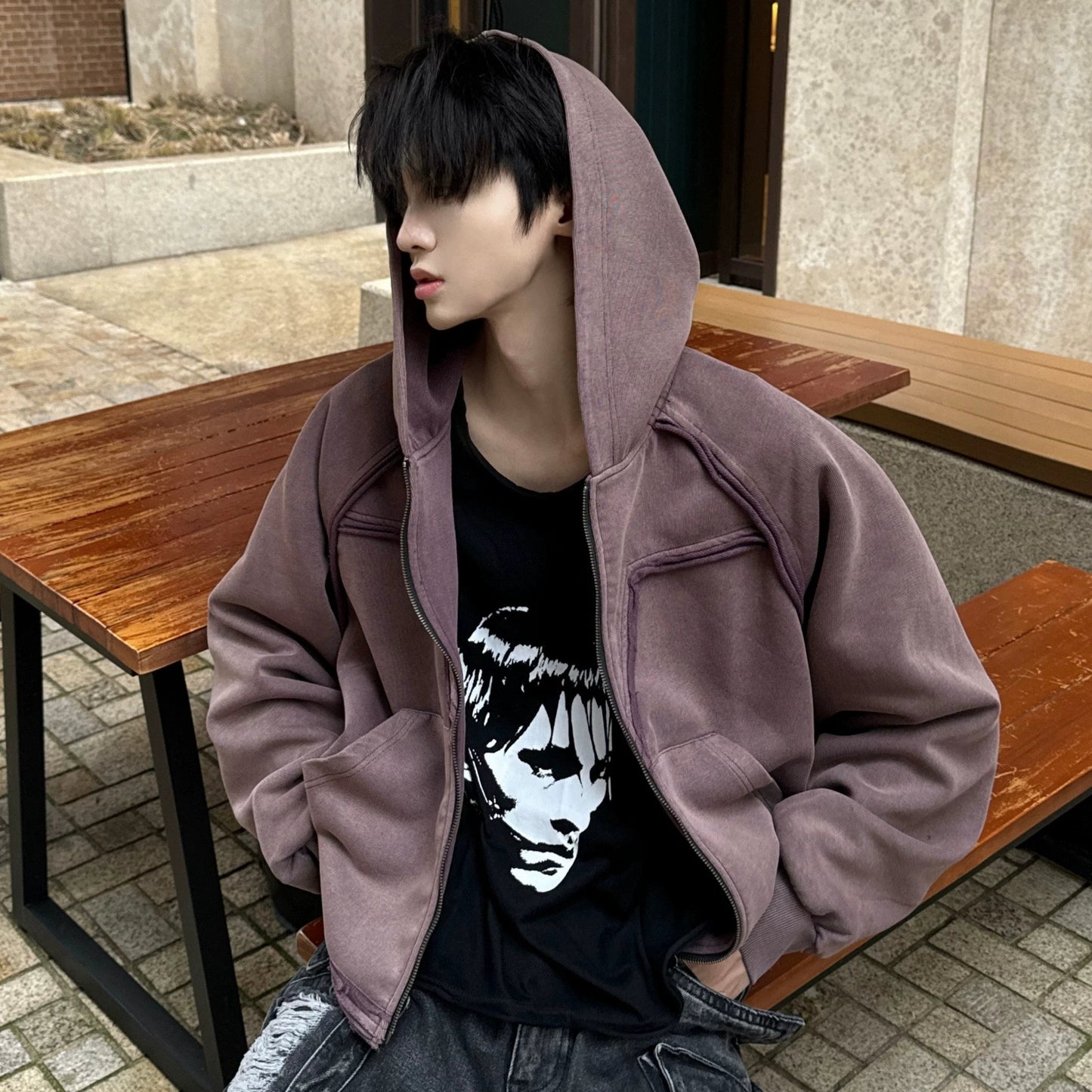 Graphic Print Wash Zipper Hoodie WN20737