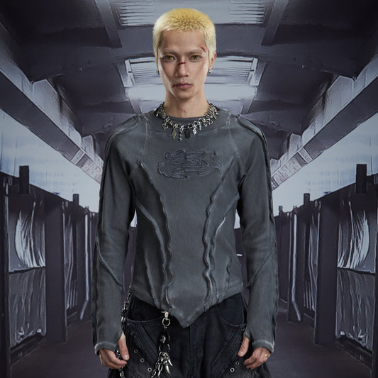 Deconstruct V-Hem Wash Damage High Elastic Long Sleeve T-Shirt WN22876