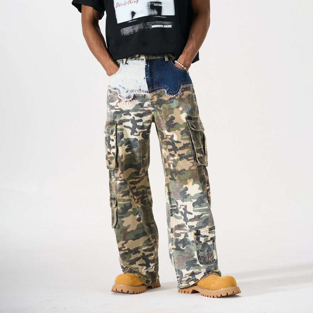 Denim Camouflage Patchwork Multi-Pocket Wide Leg Cargo Pants WN27858