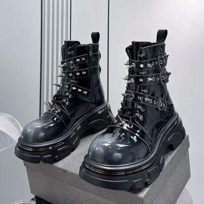 Patent Strap Buckle Spike Platform Boots WN24726