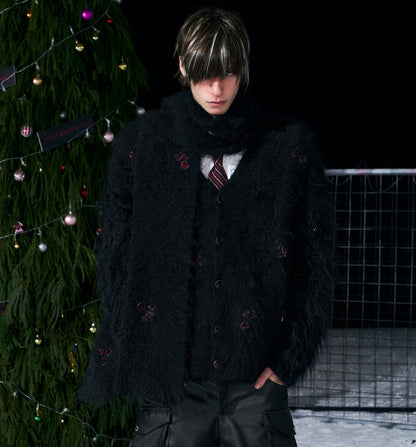 V-Neck Scarf Design Knit Cardigan & Fake Fur Scarf WN22708