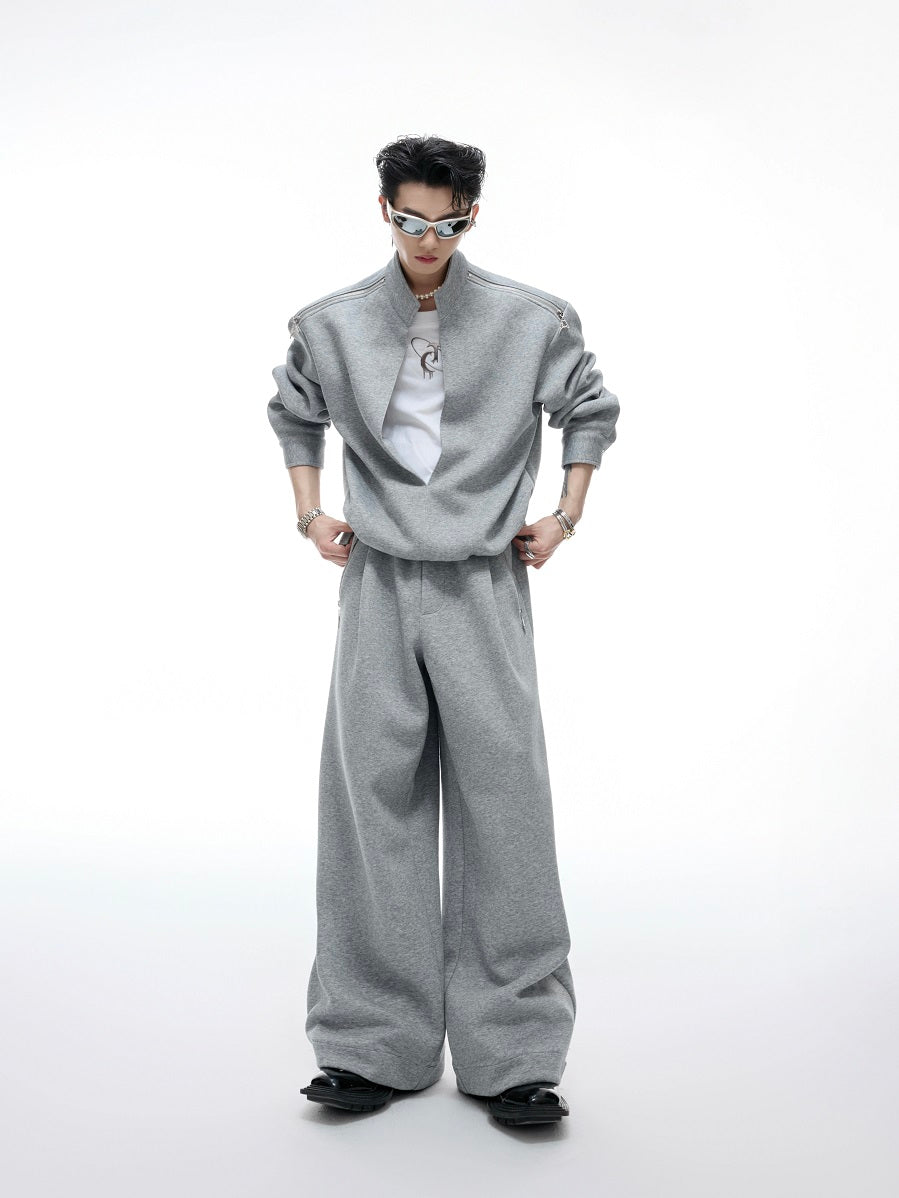 Fake Layered Zipper Design Sweatshirt & Wide Leg Sweatpants Setup WN20542