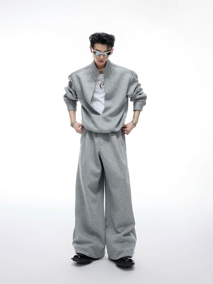 Fake Layered Zipper Design Sweatshirt & Wide Leg Sweatpants Setup WN20542