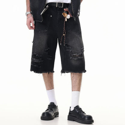 Washed Damage Wide Leg Denim Short Pants WN25596