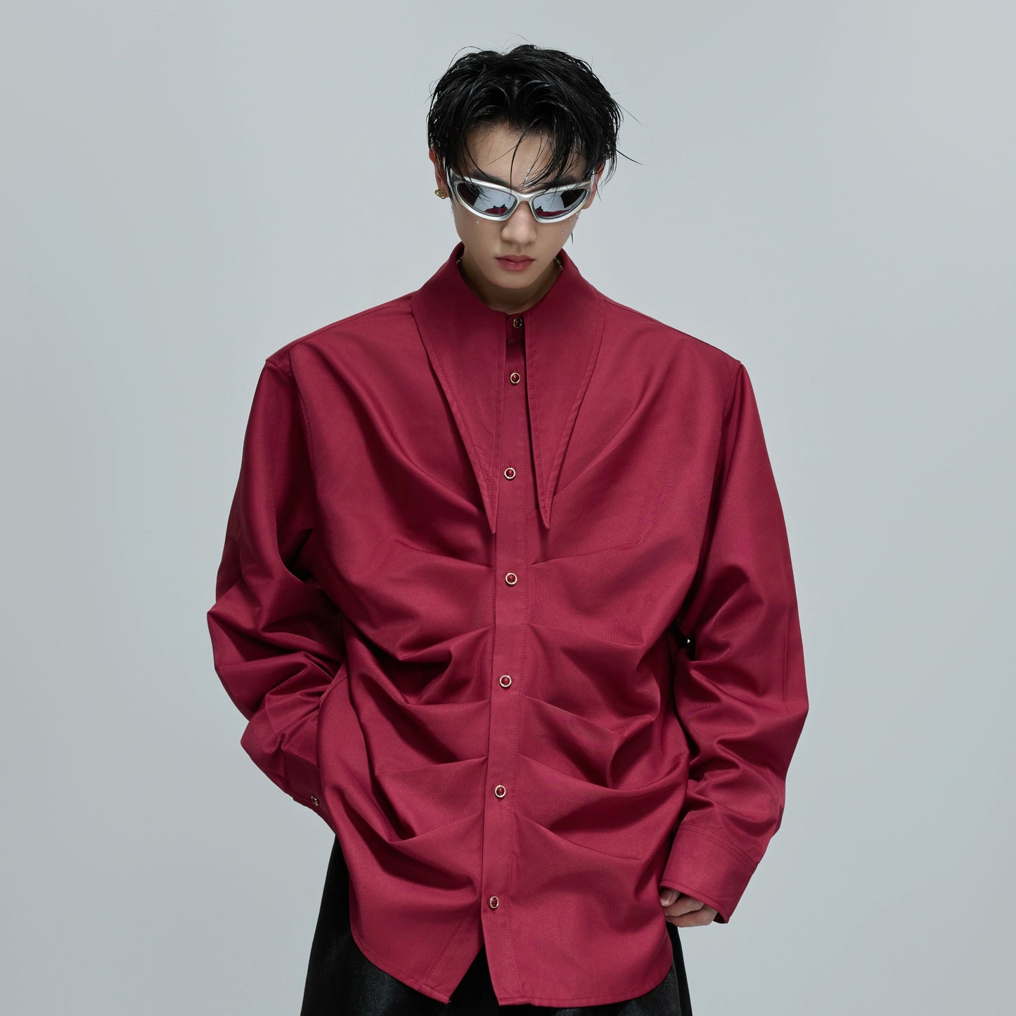 Deconstructed Pleats Scarf Collar Long Sleeve Shirt WN21697