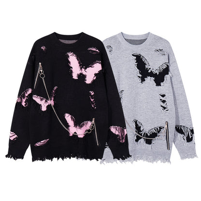 Asymmetric Butterfly Jacquard Chain Detail Knit Sweater WN11513