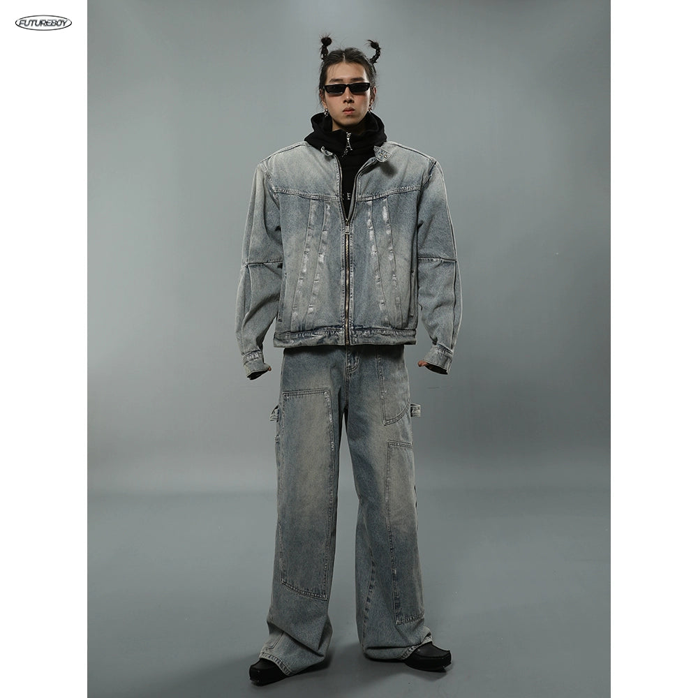 Wash Zipper Denim Jacket & Cargo Denim Jeans Setup WN4637