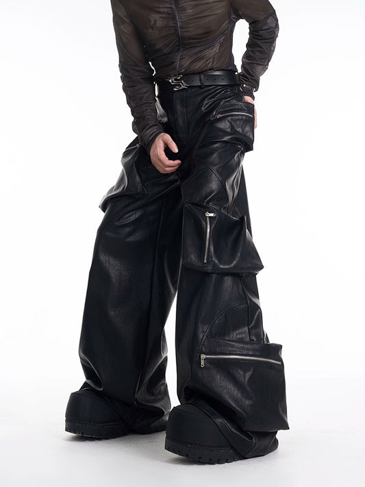 Thick Black PU Leather Multi-Pocket Cargo Pants WN13231