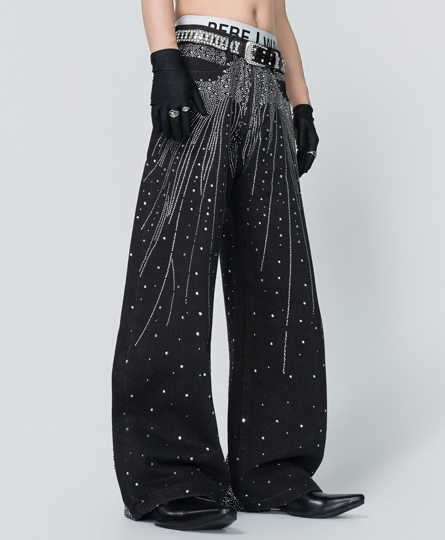 Rhinestone Gradient Wide Leg Denim Jeans WN24318