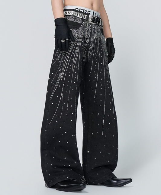 Rhinestone Gradient Wide Leg Denim Jeans WN24318