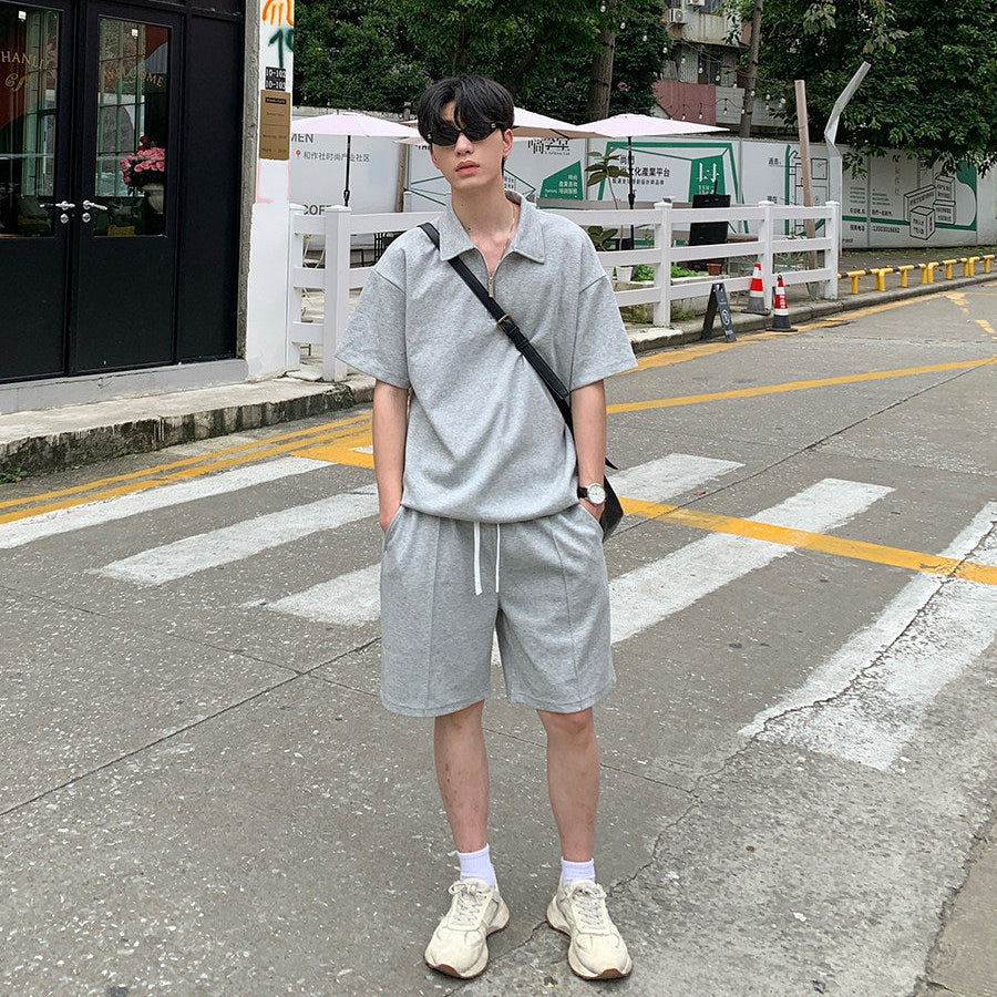 Half Zip Open Collar Short Sleeve T-Shirt & Half Pants Setup WN24906