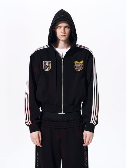 Four Stripe Damage Badge Embroidery Double Layer Hooded Jacket & Sporty Pants Setup WN23269