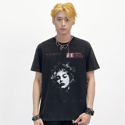 Portrait Print Wash Damage Short Sleeve T-Shirt WN24265