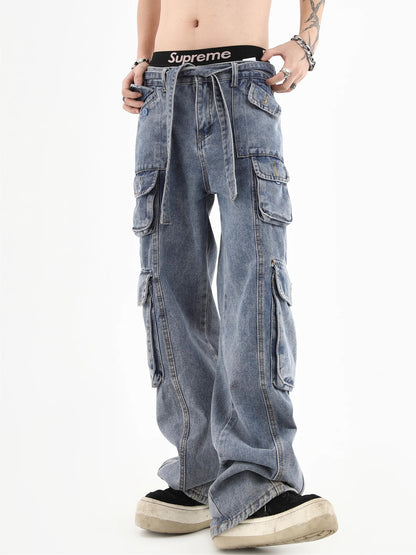 3D Multi Pocket Washed Wide-Leg Straight Cargo Denim Jeans WN7234