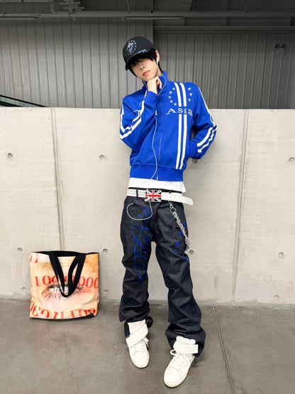 Stand Neck Stripe Logo Print Jacket WN27174