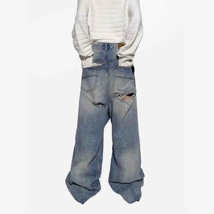 Damage Wide Leg Denim Jeans WN7100