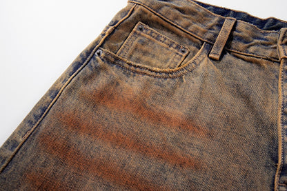 Mud Dye Washed Whisker Wide Leg Denim Jeans WN27904