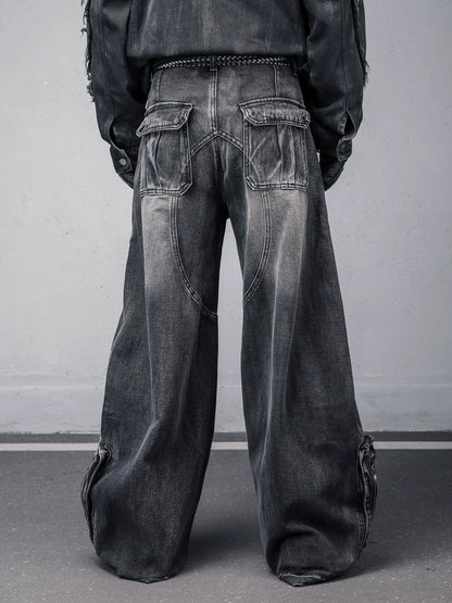 Washed Multi-Pocket Deconstruct Wide Leg Denim Jeans WN22431