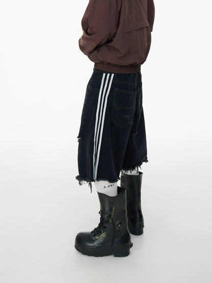 Washed Damage Fringe Wide Leg Three-Stripe Half Denim Jeans WN16960