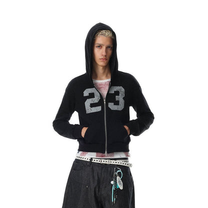 Cropped Number Graphic Zipper Hoodie WN27966