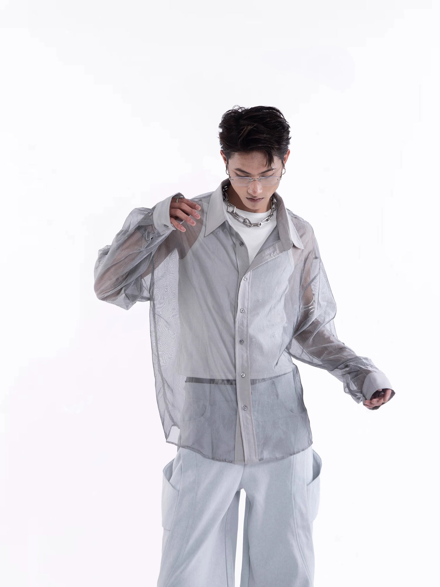 Sheer Draped Oversize Long Sleeve Shirt WN20643