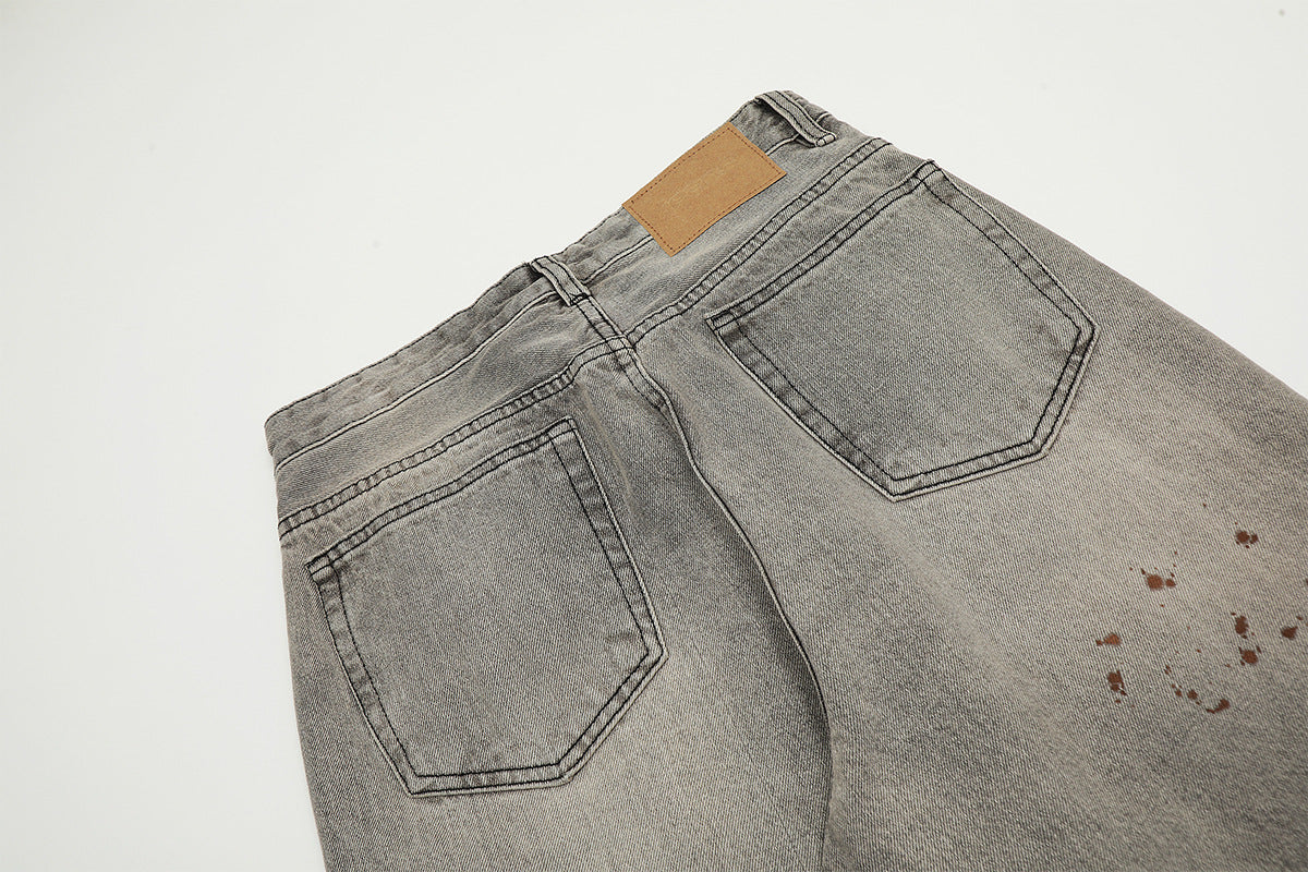 Washed Damage Straight Wide Leg Denim Jeans WN25672