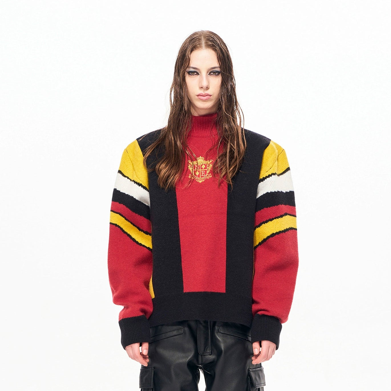 Badge Embroidery Colorblock High-Neck Knit Sweater WN22151