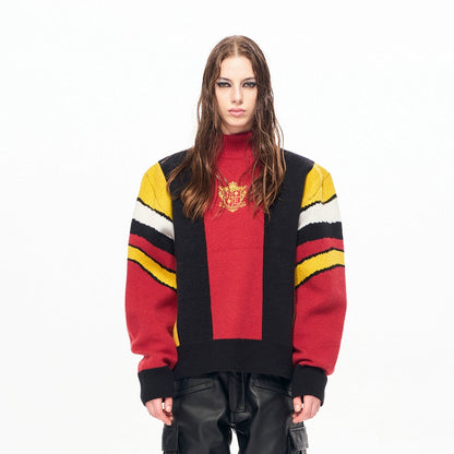 Badge Embroidery Colorblock High-Neck Knit Sweater WN22151