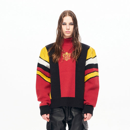 Badge Embroidery Colorblock High-Neck Knit Sweater WN22151