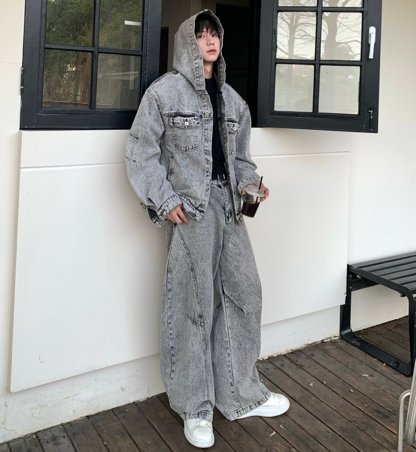 Hooded Denim Jacket & Washed Wide Leg Denim Jeans Setup WN25168